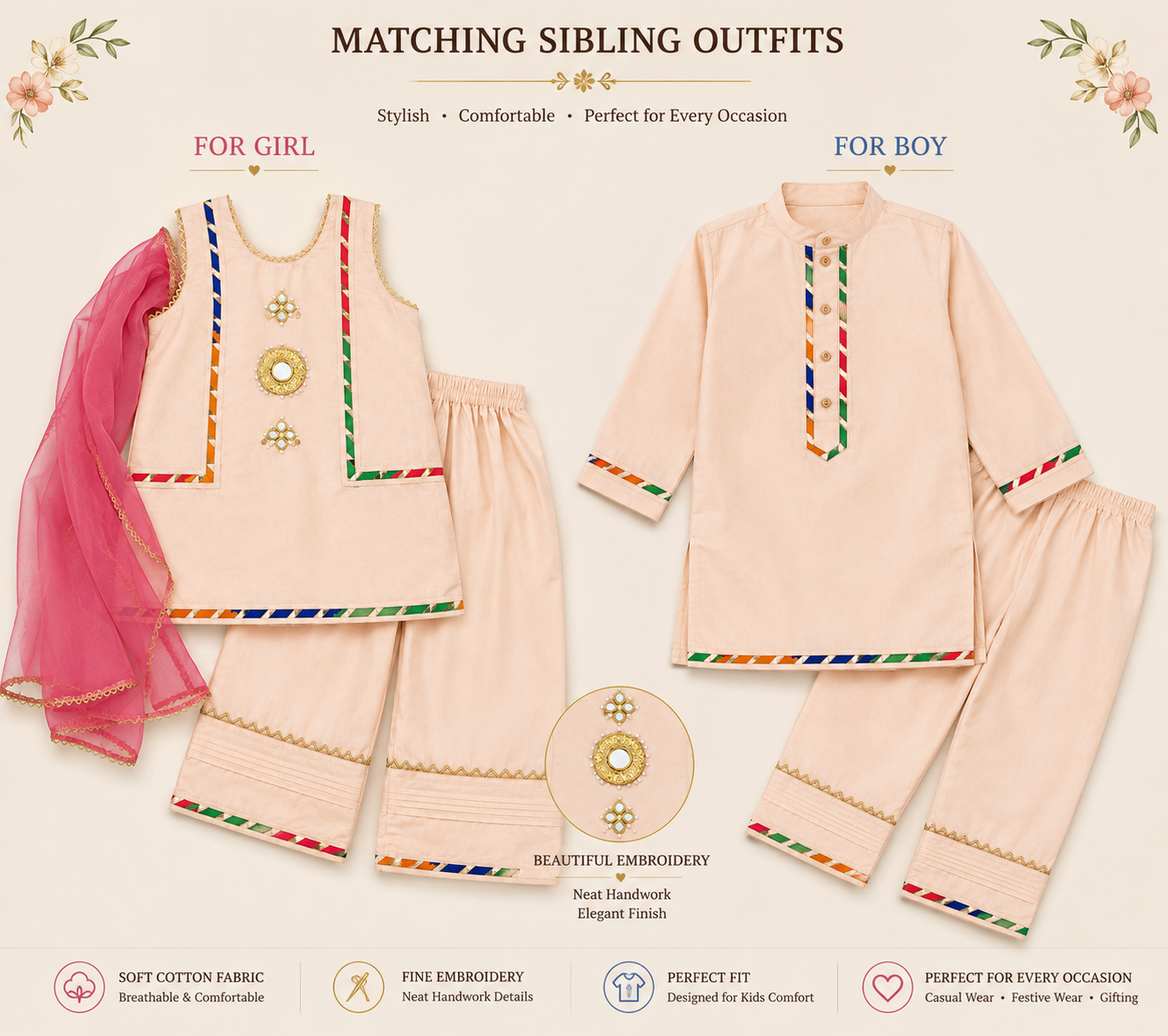 Kids' Festive Cotton Kurta & Trouser Set