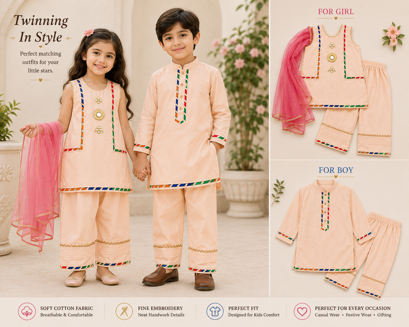 Kids' Festive Cotton Kurta & Trouser Set