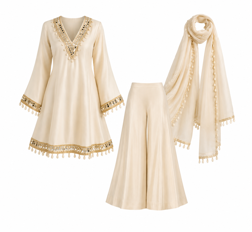 Elegant Ivory Mirror Work Co-Ord Set with Dupatta