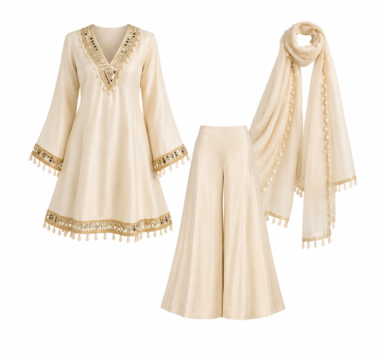 Elegant Ivory Mirror Work Co-Ord Set with Dupatta