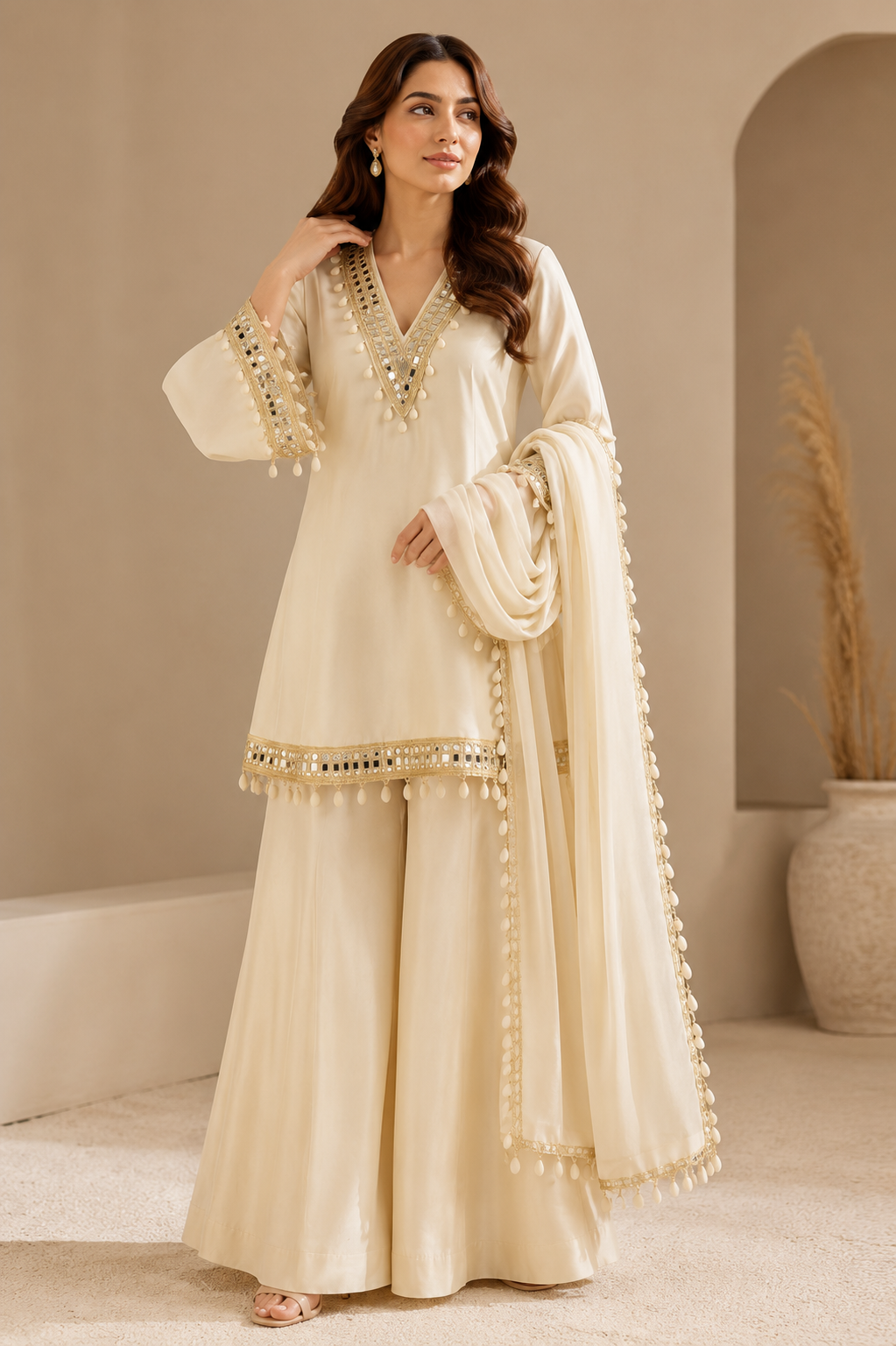 Elegant Ivory Mirror Work Co-Ord Set with Dupatta