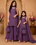 Elegant Matching Mother & Daughter Purple Sharara Set with Dupatta & Potli Bag