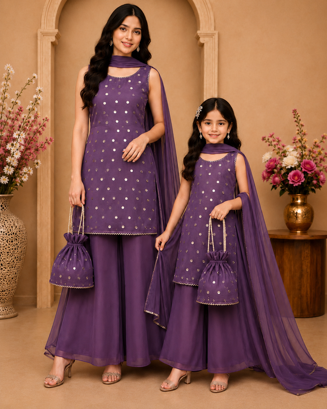 Elegant Matching Mother & Daughter Purple Sharara Set with Dupatta & Potli Bag