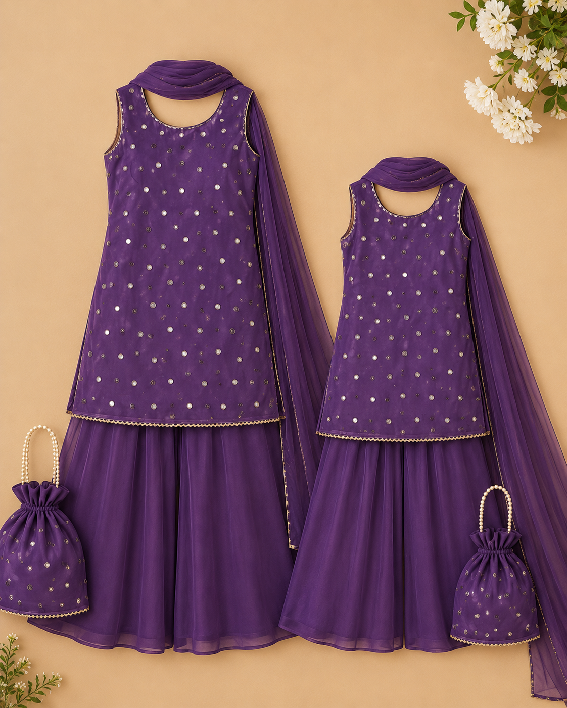 Elegant Matching Mother & Daughter Purple Sharara Set with Dupatta & Potli Bag