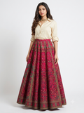 Ruby Red Floral Maxi Skirt with Classic Button-Down Shirt
