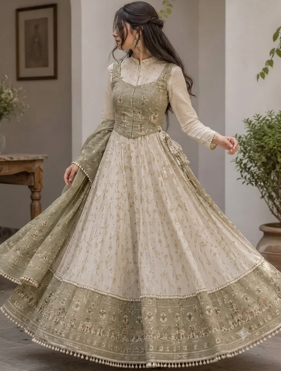 Sage Green Embroidered Anarkali Gown Set