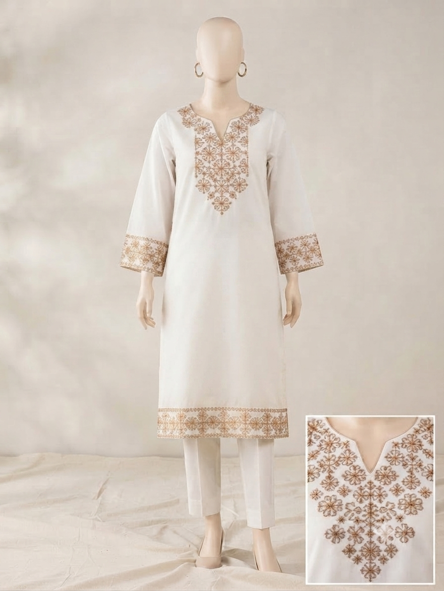 Elegant Hand-Embroidered Cotton Kurta - Traditional "Nawaz Sharif" Motif
