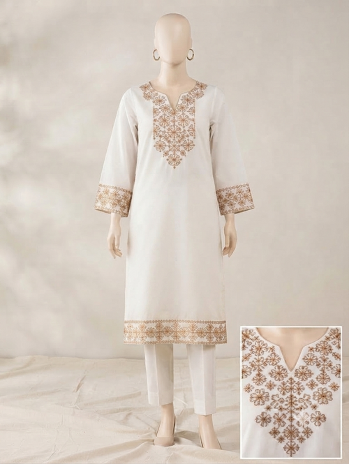Elegant Hand-Embroidered Cotton Kurta - Traditional "Nawaz Sharif" Motif