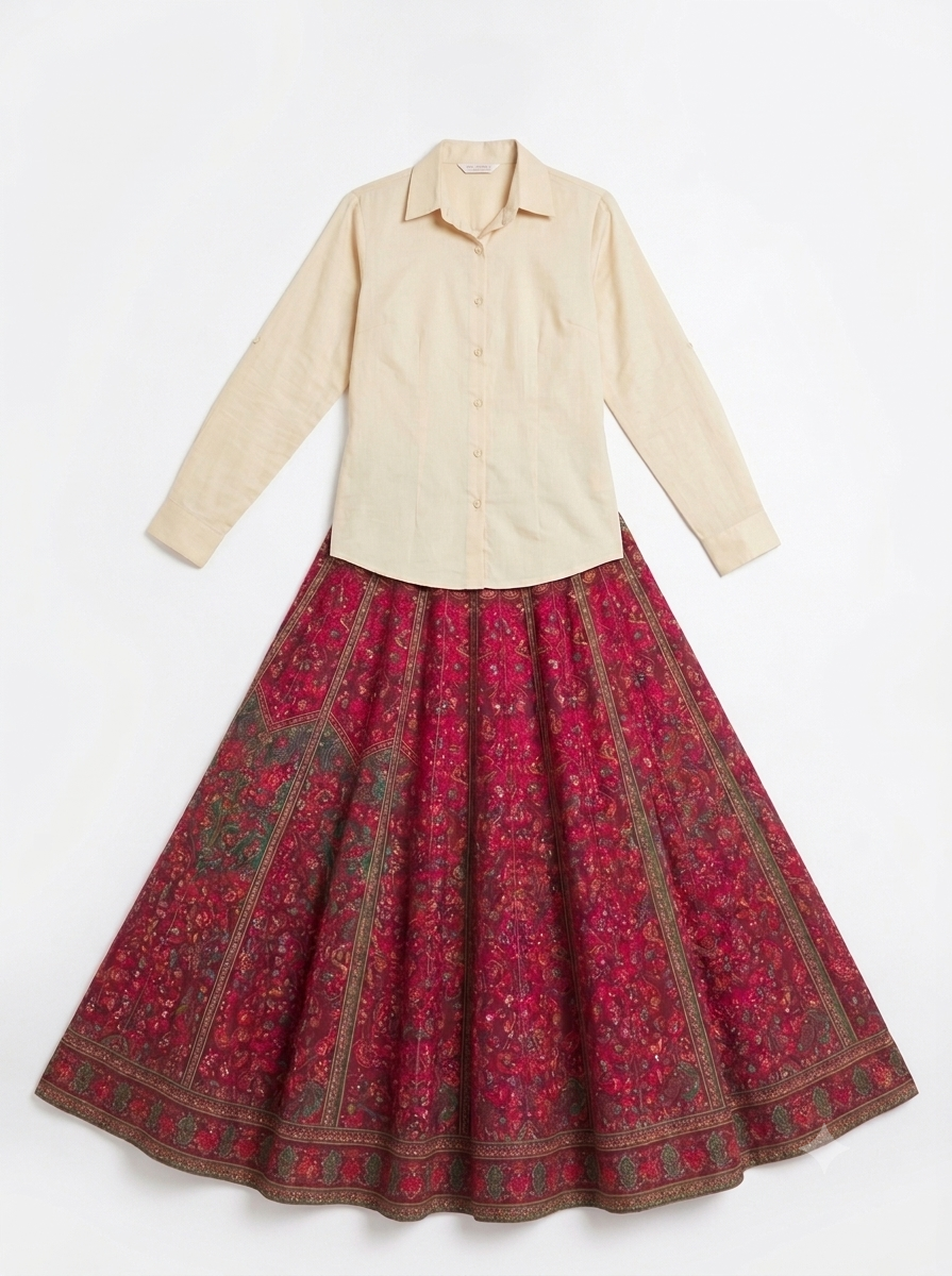 Ruby Red Floral Maxi Skirt with Classic Button-Down Shirt