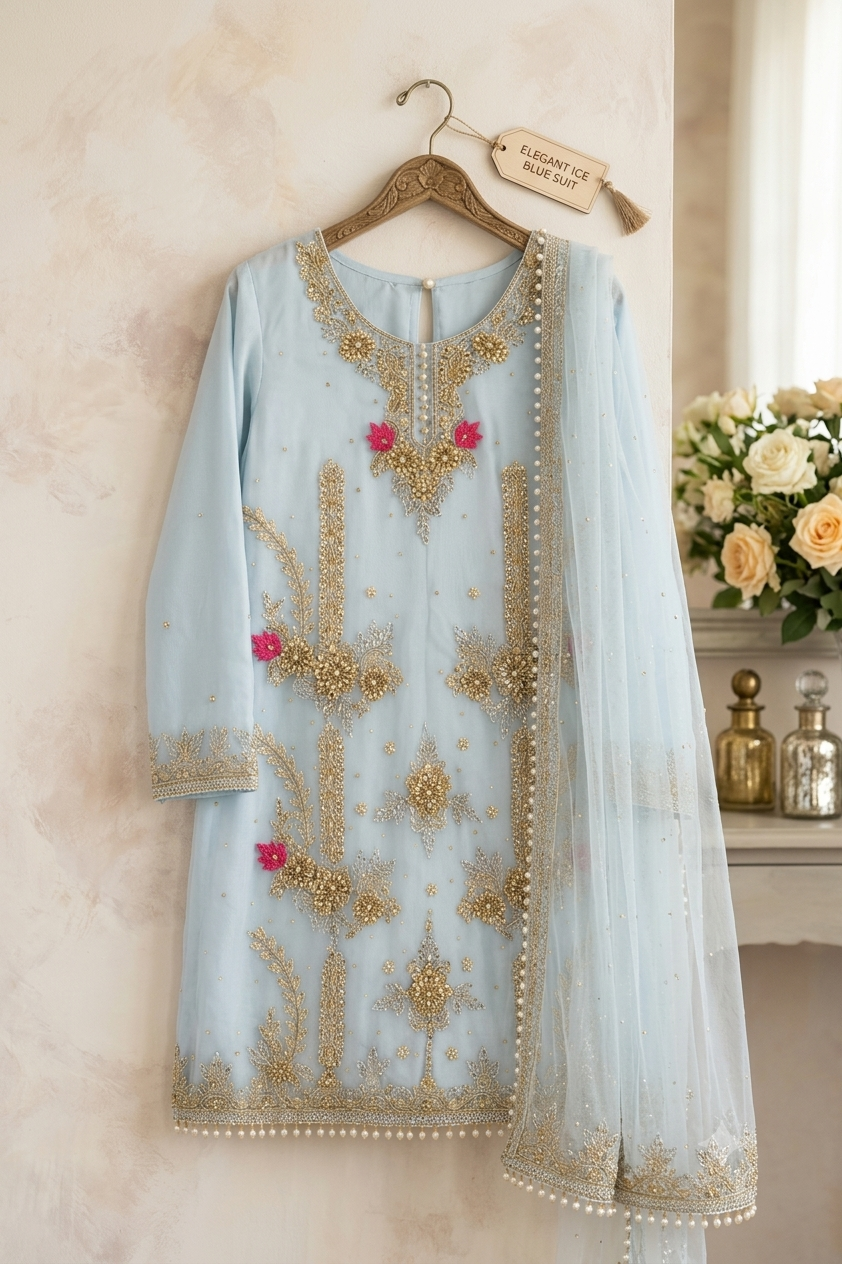 Elegant Ice Blue Zardozi Work Suit